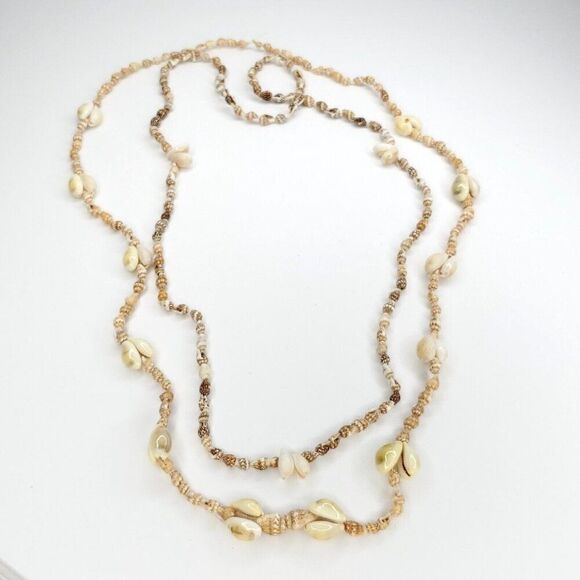 2 Long Puka Conch Cowrie Shell Necklace Ivory Brown Boho Beach Cruise Hawaii C1 - Picture 3 of 5